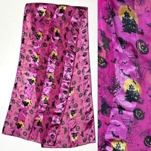 Purple Satin Halloween Scarf Witch Pumpkin Cat Bat Web 61x11.75” Rectangle